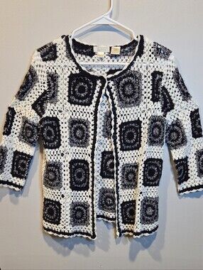Crochet Granny Square Cardigan Black White Button Front Boho Festival S